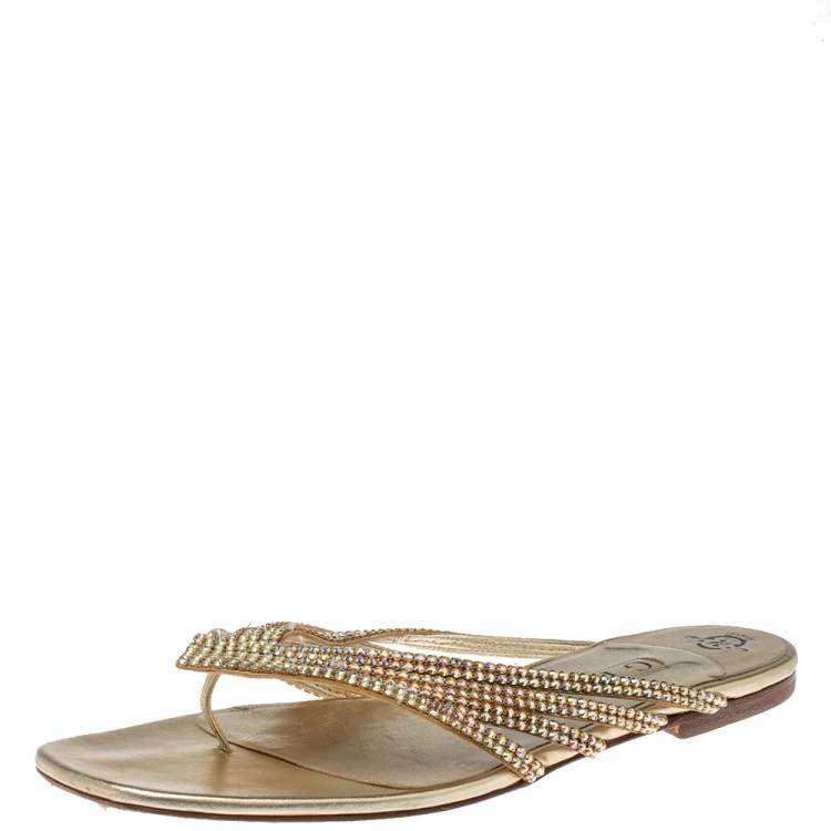 Pre Owned Gina Metallic Gold Leather Embellished Thong Flats Size 41