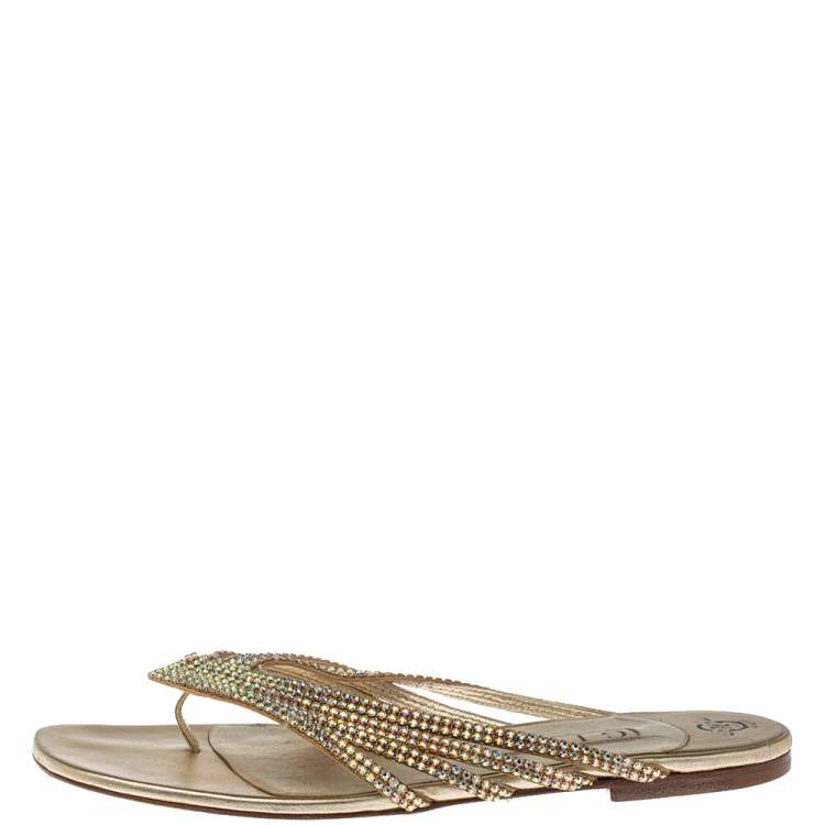 Pre Owned Gina Metallic Gold Leather Embellished Thong Flats Size 41