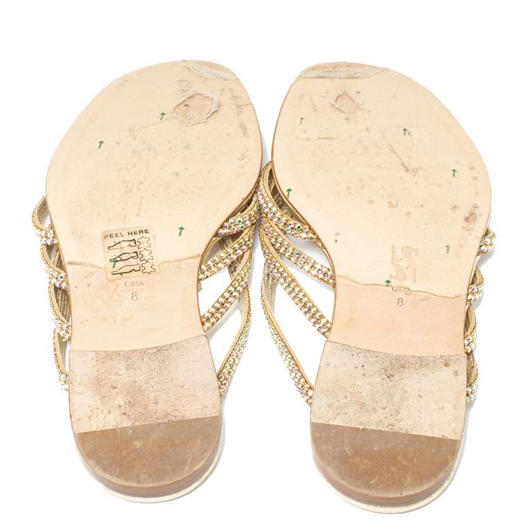 Pre Owned Gina Metallic Gold Leather Embellished Thong Flats Size 41