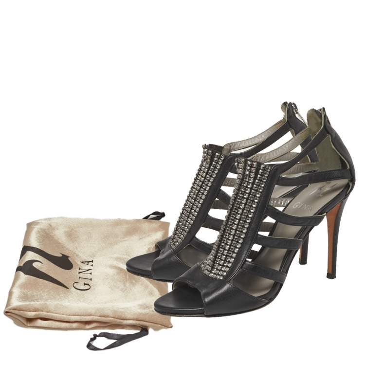 Pre Owned Gina Black Leather Crystal Embellished Sandals Size 37.5