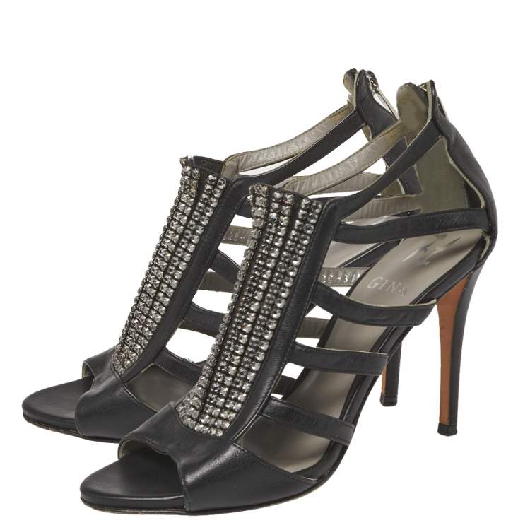 Pre Owned Gina Black Leather Crystal Embellished Sandals Size 37.5