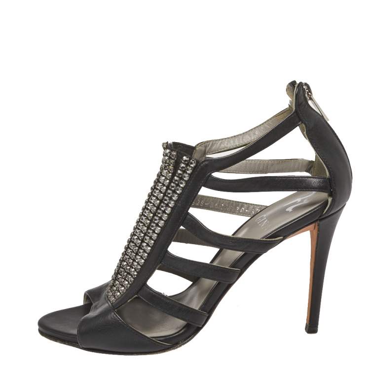 Pre Owned Gina Black Leather Crystal Embellished Sandals Size 37.5