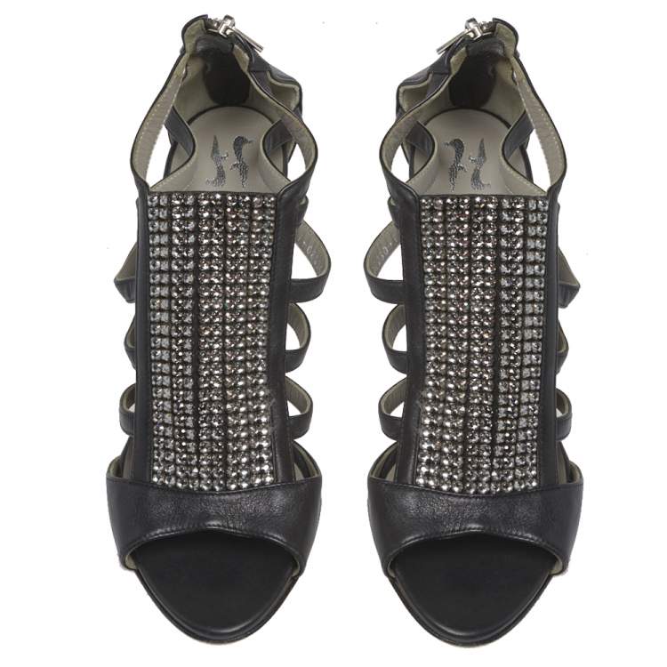 Pre Owned Gina Black Leather Crystal Embellished Sandals Size 37.5