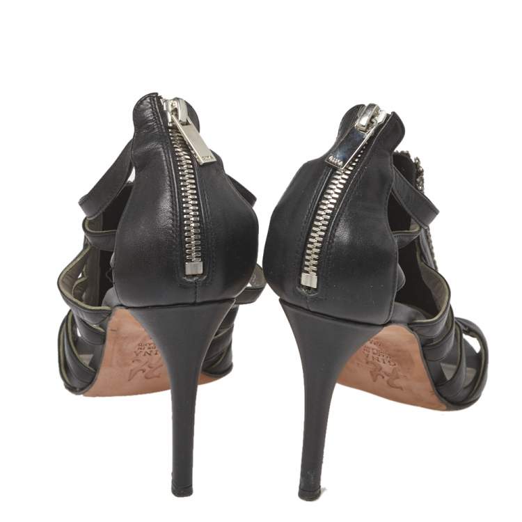 Pre Owned Gina Black Leather Crystal Embellished Sandals Size 37.5