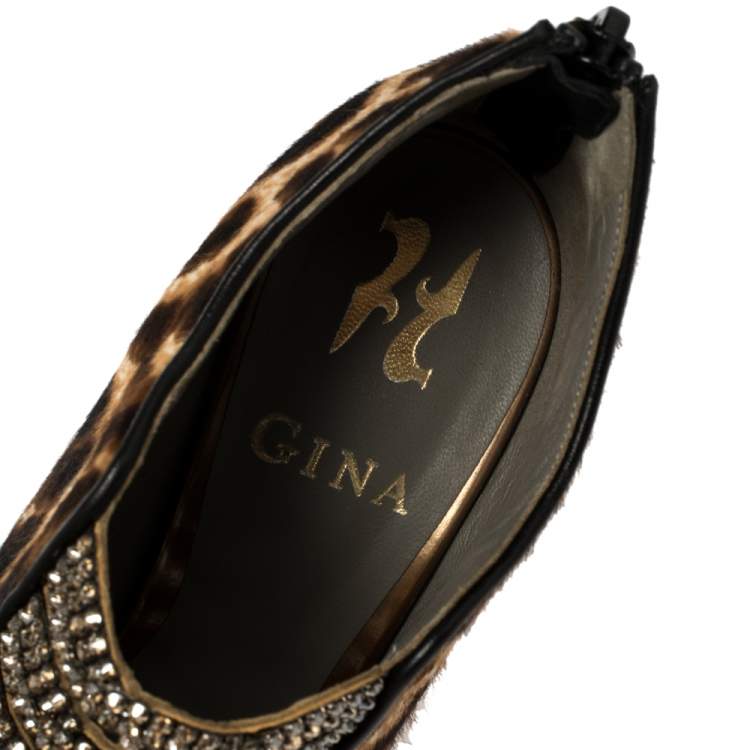 Pre Owned Gina Brown Leopard Print Calf Hair Embellished Sandals Size 37.5