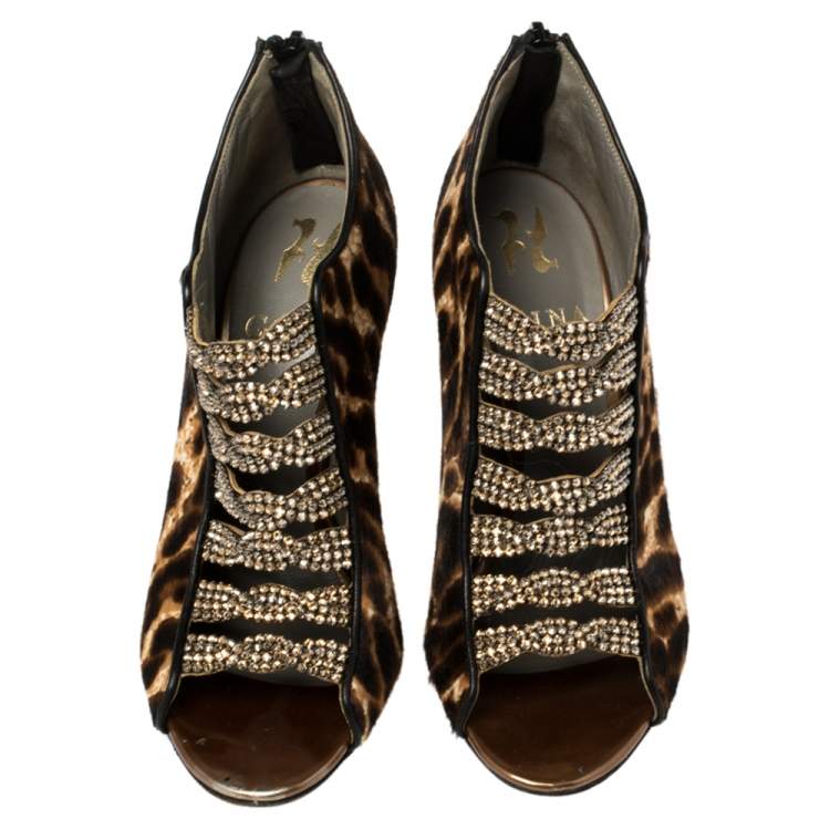 Pre Owned Gina Brown Leopard Print Calf Hair Embellished Sandals Size 37.5
