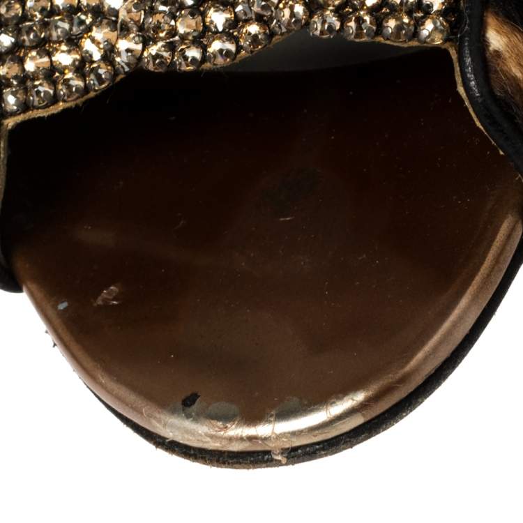 Pre Owned Gina Brown Leopard Print Calf Hair Embellished Sandals Size 37.5