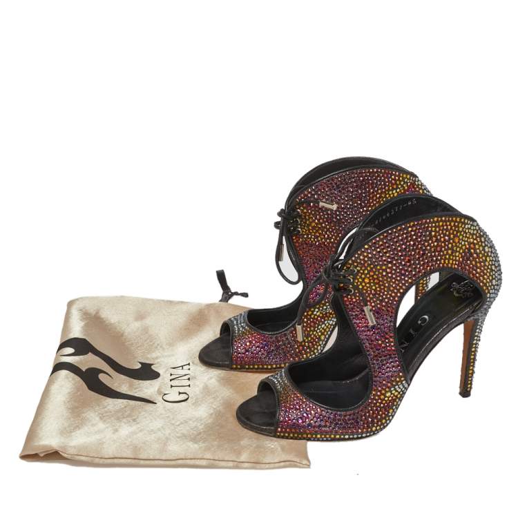 Pre Owned Gina Metallic Black Leather Crystal Embellished Cut Out Peep Toe Sandals Size 37.5