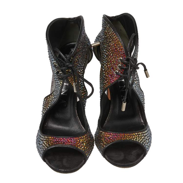 Pre Owned Gina Metallic Black Leather Crystal Embellished Cut Out Peep Toe Sandals Size 37.5