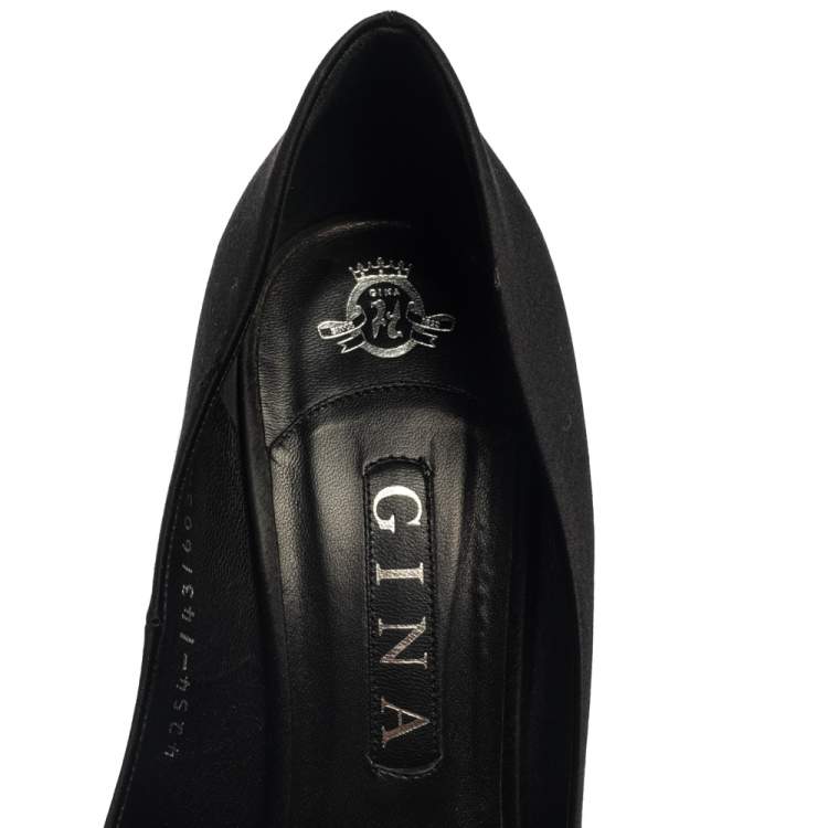 Pre Owned Gina Black Satin Embellished Peep Toe Jenna Pumps Size 40.5