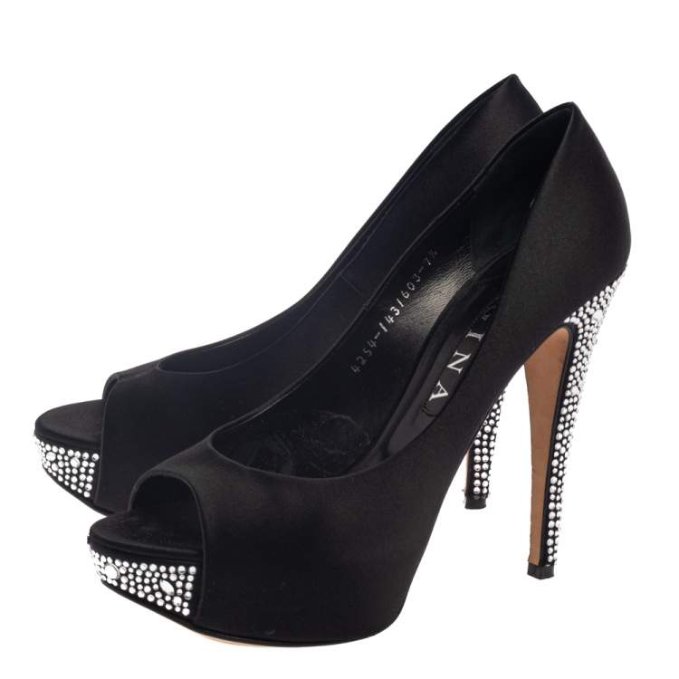 Pre Owned Gina Black Satin Embellished Peep Toe Jenna Pumps Size 40.5