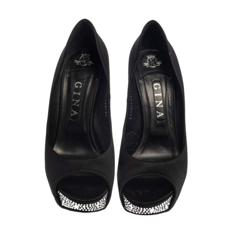 Pre Owned Gina Black Satin Embellished Peep Toe Jenna Pumps Size 40.5