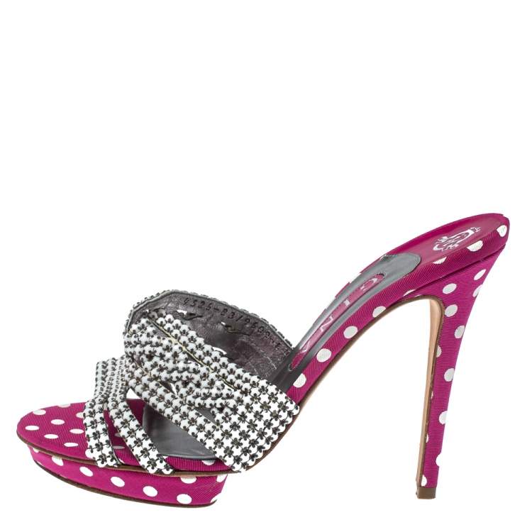 Pre Owned Gina Pink Crystal Embellished Polka Dot Fabric Slide Sandals Size 39