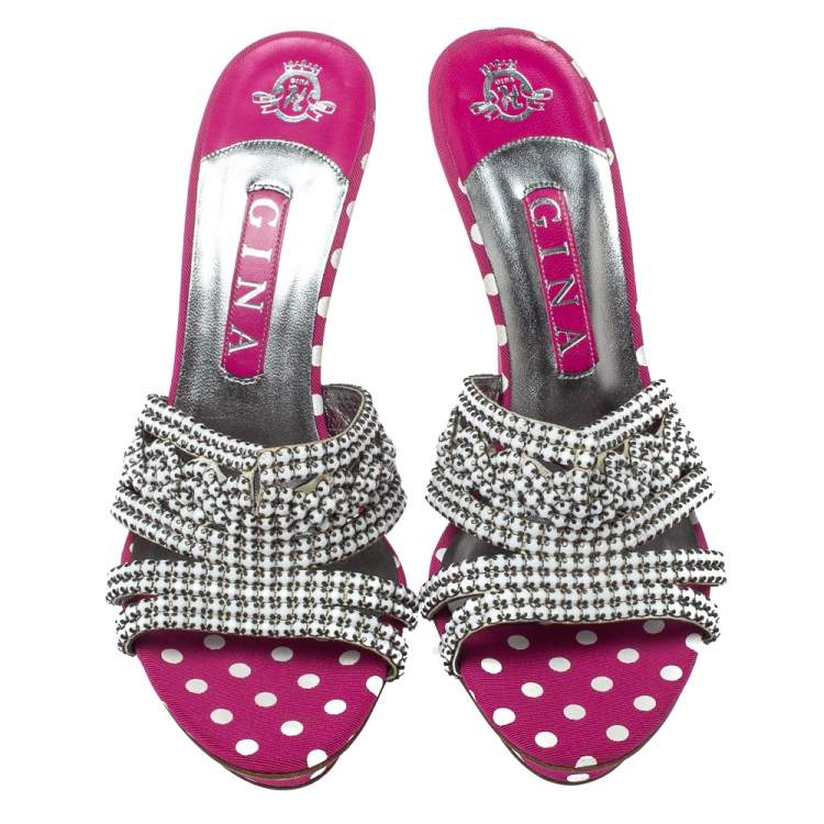 Pre Owned Gina Pink Crystal Embellished Polka Dot Fabric Slide Sandals Size 39