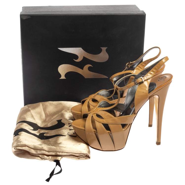 Pre Owned Gina Nude Beige Patent Leather Strappy Platform Sandals Size 39.5