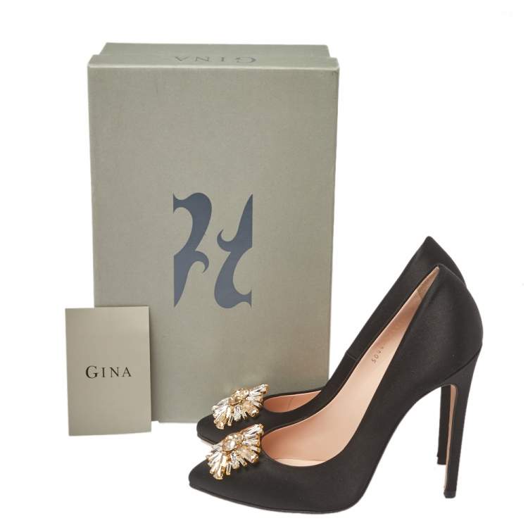 Pre Owned Gina Black Satin Swarovski Crystal Embellished Pumps Size 40