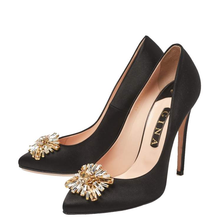 Pre Owned Gina Black Satin Swarovski Crystal Embellished Pumps Size 40