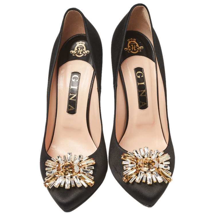 Pre Owned Gina Black Satin Swarovski Crystal Embellished Pumps Size 40
