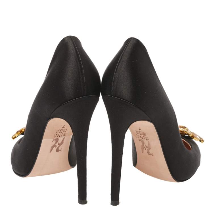 Pre Owned Gina Black Satin Swarovski Crystal Embellished Pumps Size 40