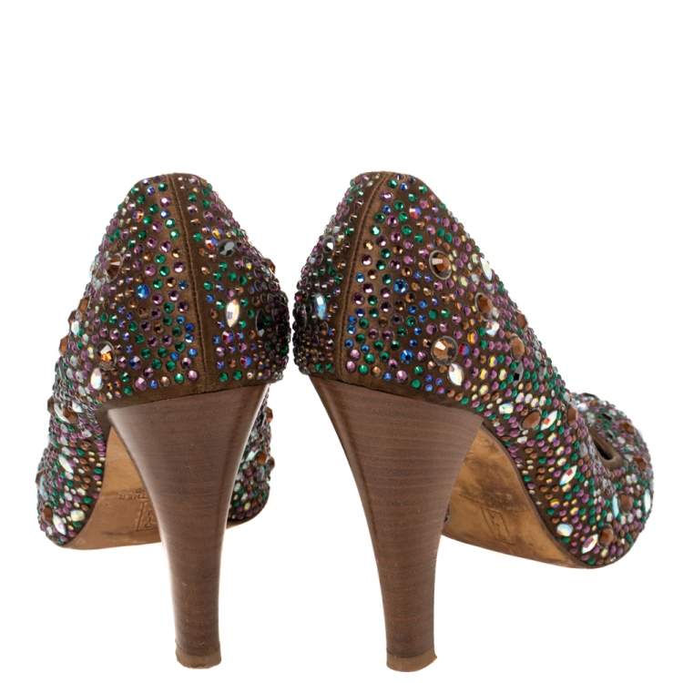 Pre Owned Gina Brown Satin Crystal Embellished  Pumps Size 38.5 