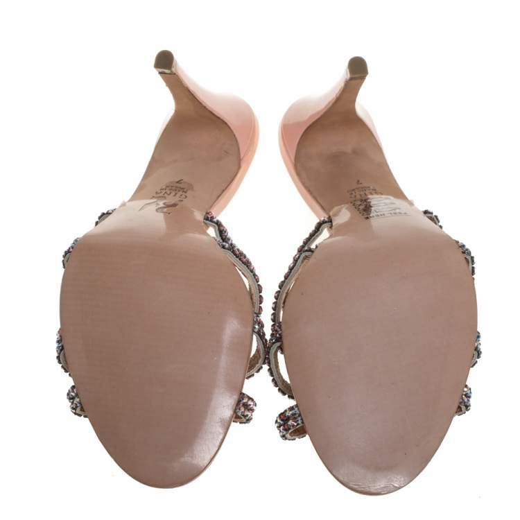 Pre Owned Gina Pink Leather Crystal Embellished  Slide Sandals Size  40