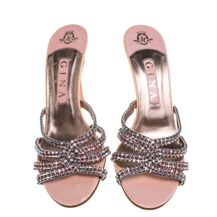 Pre Owned Gina Pink Leather Crystal Embellished  Slide Sandals Size  40