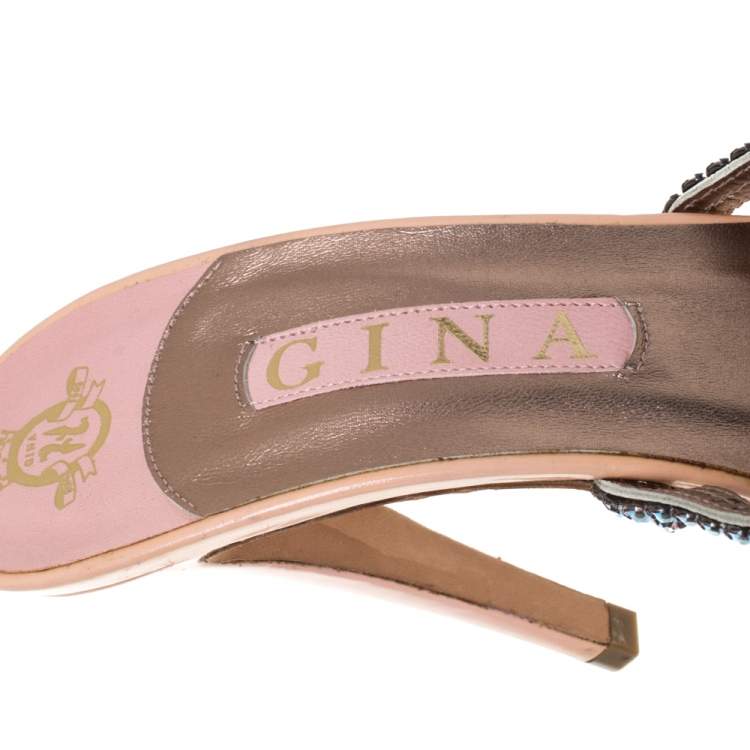 Pre Owned Gina Pink Leather Crystal Embellished  Slide Sandals Size  40