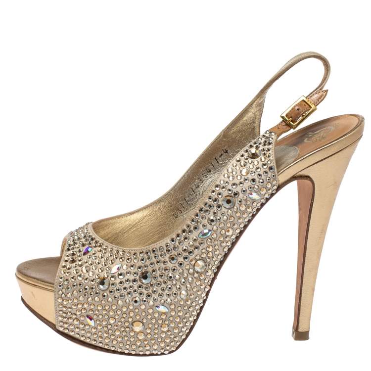 Pre Owned Gina Beige Satin Crystal Embellished Platform Peep Toe Slingback Sandals Size 37