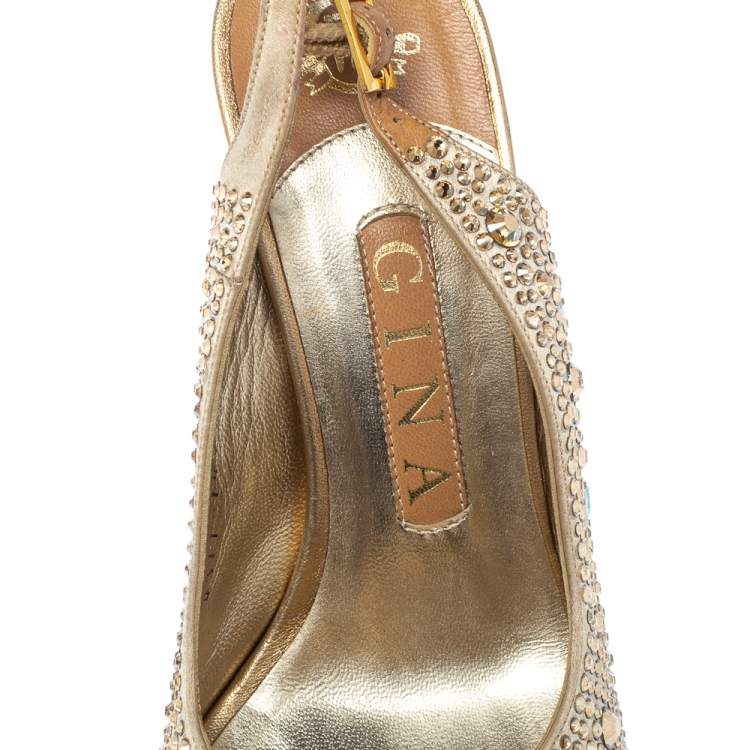 Pre Owned Gina Beige Satin Crystal Embellished Platform Peep Toe Slingback Sandals Size 37