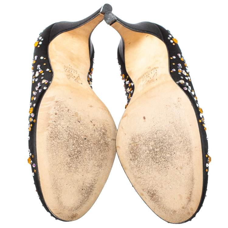 Pre Owned Gina Black Satin Crystal Embellished Pumps Size 38