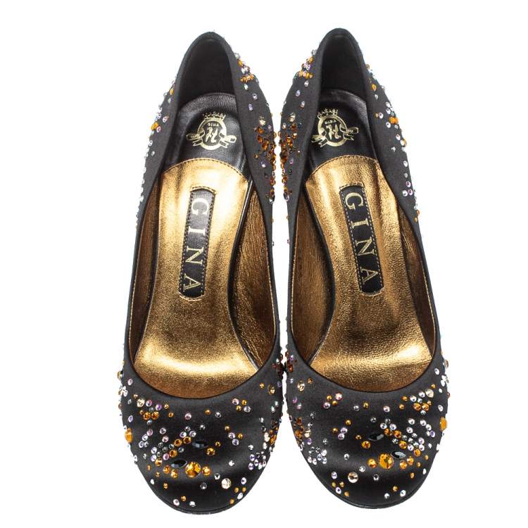 Pre Owned Gina Black Satin Crystal Embellished Pumps Size 38