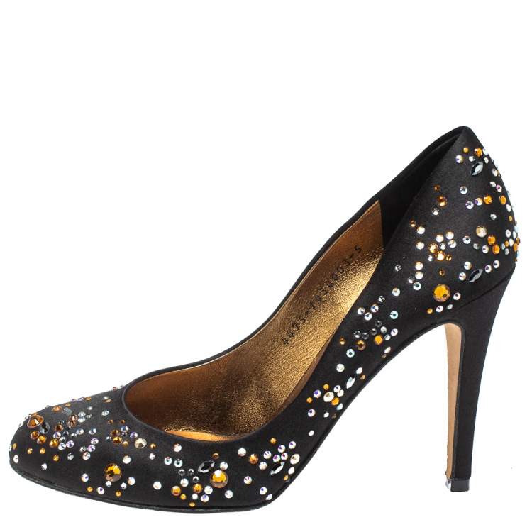 Pre Owned Gina Black Satin Crystal Embellished Pumps Size 38
