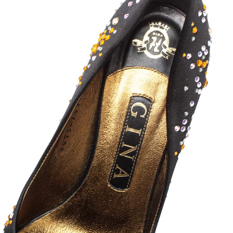 Pre Owned Gina Black Satin Crystal Embellished Pumps Size 38