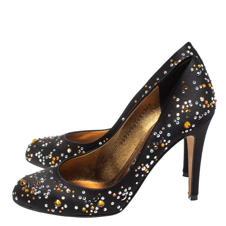 Pre Owned Gina Black Satin Crystal Embellished Pumps Size 38