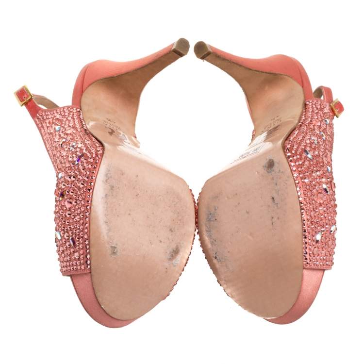 Pre Owned Gina Pink Satin Crystal Embellished Platform Peep Toe Slingback Sandals Size 37.5