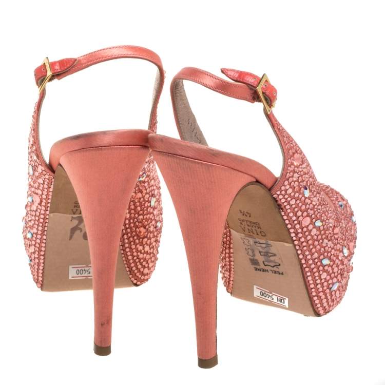 Pre Owned Gina Pink Satin Crystal Embellished Platform Peep Toe Slingback Sandals Size 37.5