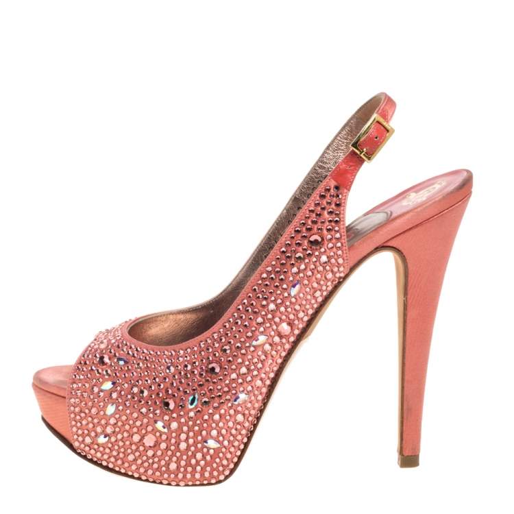 Pre Owned Gina Pink Satin Crystal Embellished Platform Peep Toe Slingback Sandals Size 37.5