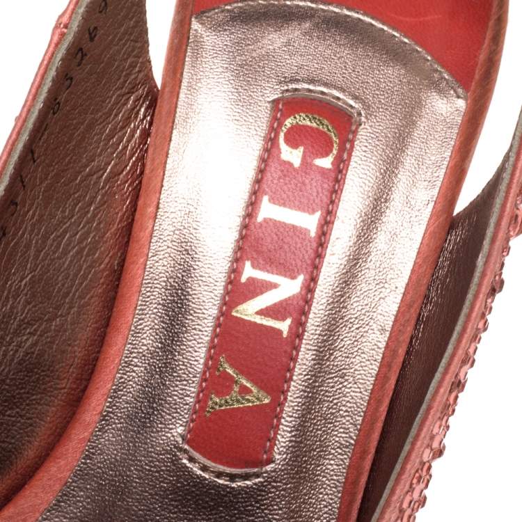 Pre Owned Gina Pink Satin Crystal Embellished Platform Peep Toe Slingback Sandals Size 37.5
