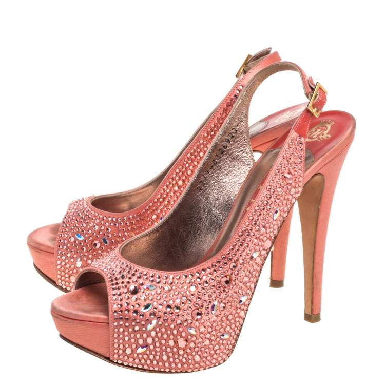 Pre Owned Gina Pink Satin Crystal Embellished Platform Peep Toe Slingback Sandals Size 37.5