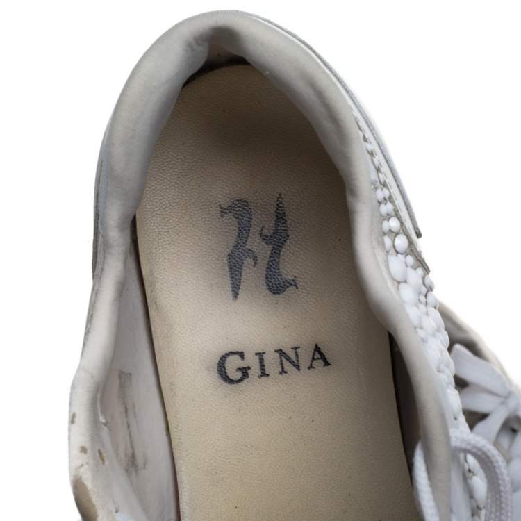 Pre Owned Gina White Satin And Leather Crystal Embellished Lace Up Sneakers Size 40