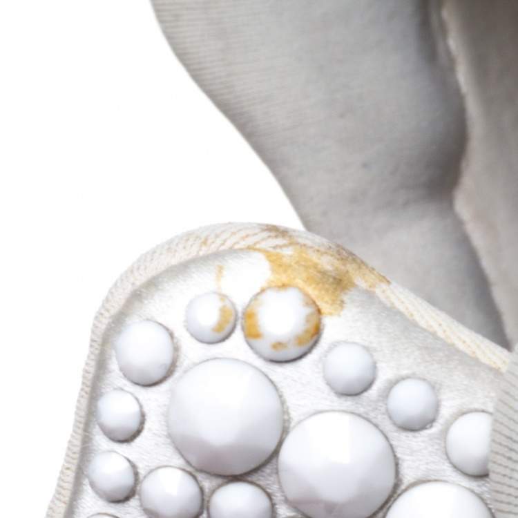 Pre Owned Gina White Satin And Leather Crystal Embellished Lace Up Sneakers Size 40