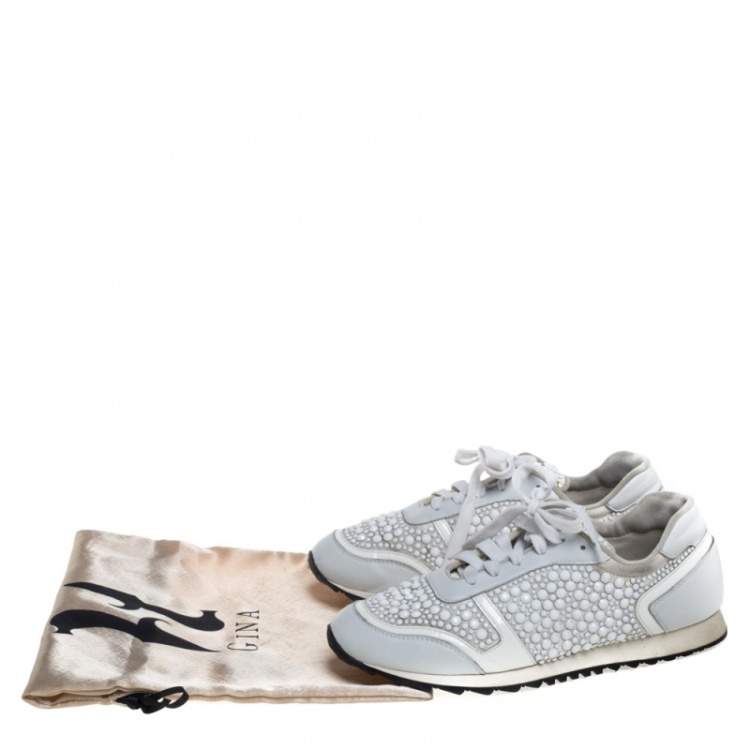Pre Owned Gina White Satin And Leather Crystal Embellished Lace Up Sneakers Size 40