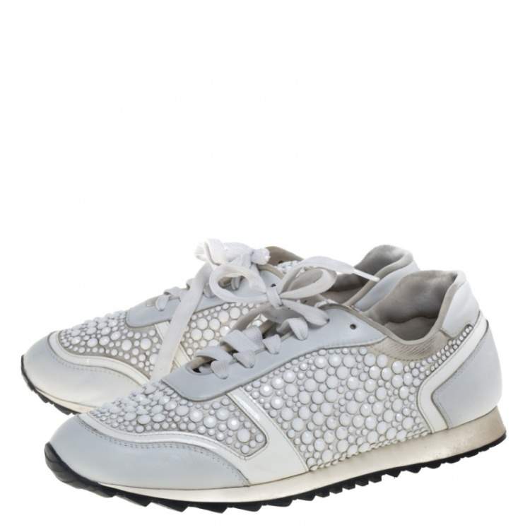 Pre Owned Gina White Satin And Leather Crystal Embellished Lace Up Sneakers Size 40
