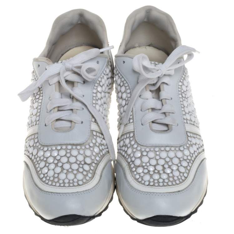 Pre Owned Gina White Satin And Leather Crystal Embellished Lace Up Sneakers Size 40