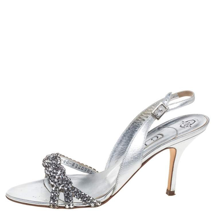 Pre Owned Gina Metallic Silver Leather Crystal Embellished Slingback Sandals  Size 39