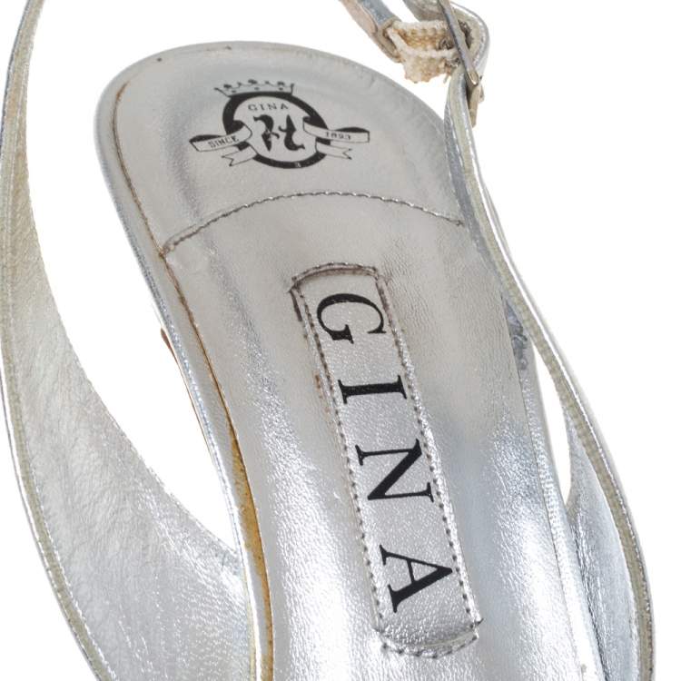 Pre Owned Gina Metallic Silver Leather Crystal Embellished Slingback Sandals  Size 39