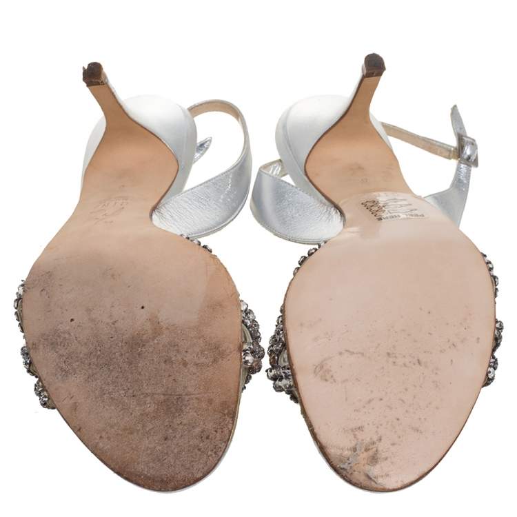 Pre Owned Gina Metallic Silver Leather Crystal Embellished Slingback Sandals  Size 39