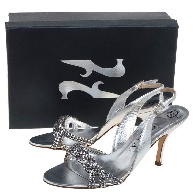 Pre Owned Gina Metallic Silver Leather Crystal Embellished Slingback Sandals  Size 39