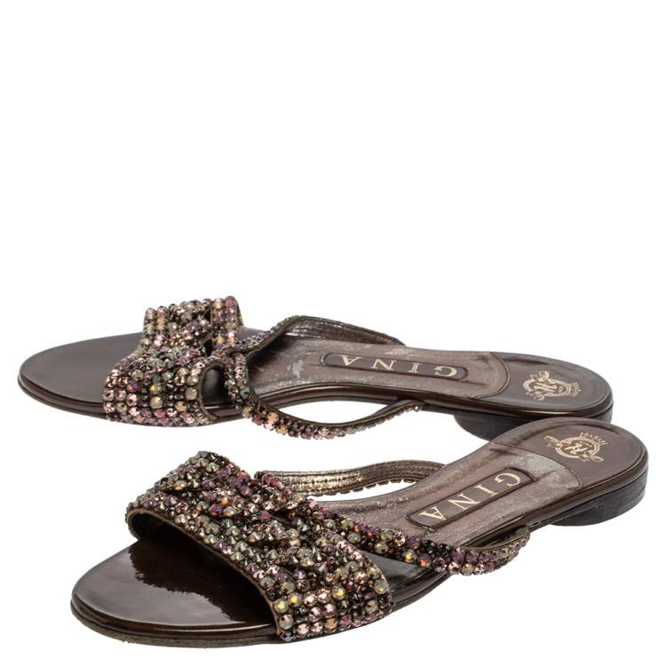 Pre Owned Gina Brown Patent Leather Crystal Embellished Flat Slides Size 37