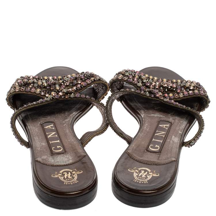 Pre Owned Gina Brown Patent Leather Crystal Embellished Flat Slides Size 37